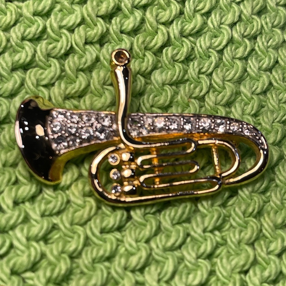Gold toned and Rhinestones French Horn Brooch